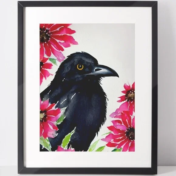 Wall Art Watercolor Floral Raven Crow Illustration Print Poster Card Unframed - Picture 1 of 5